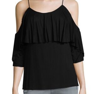 Bailey 44 Black Cold Shoulder Overlay Ruffle M